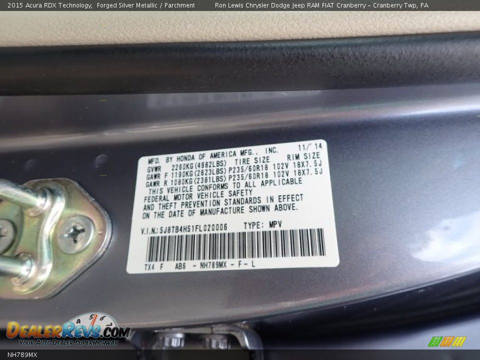 Acura Color Code NH789MX Forged Silver Metallic