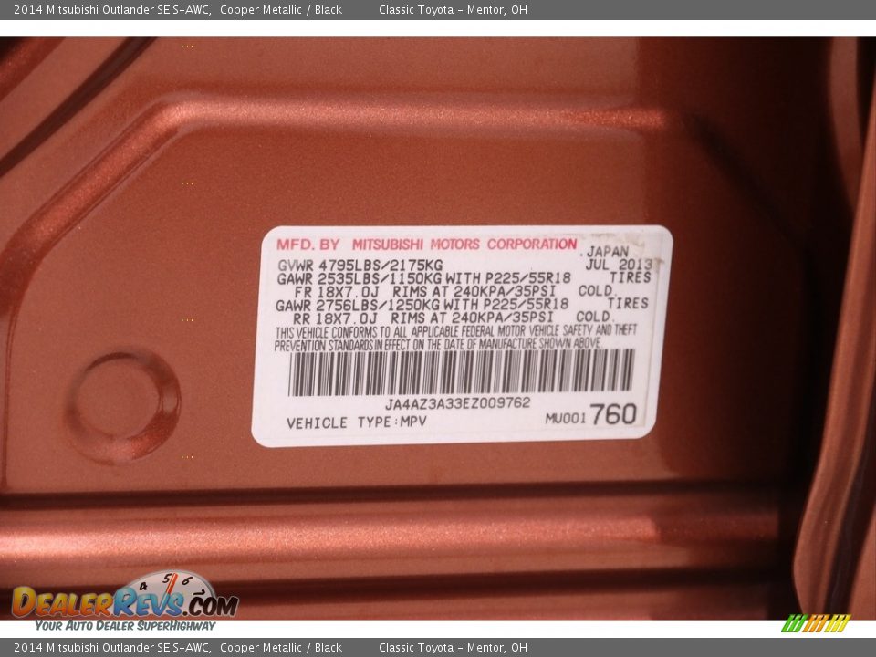 2014 Mitsubishi Outlander SE S-AWC Copper Metallic / Black Photo #20