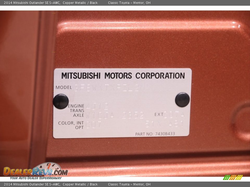 2014 Mitsubishi Outlander SE S-AWC Copper Metallic / Black Photo #21