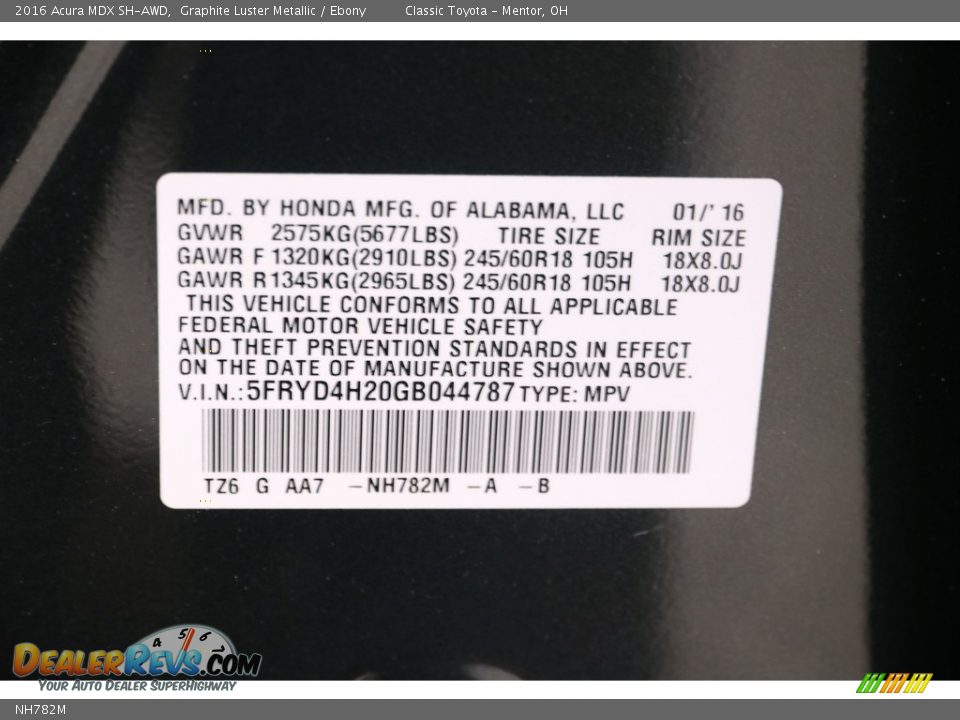Acura Color Code NH782M Graphite Luster Metallic