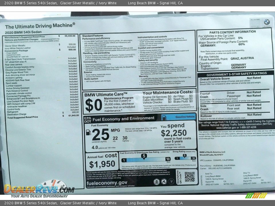 2020 BMW 5 Series 540i Sedan Window Sticker Photo #17