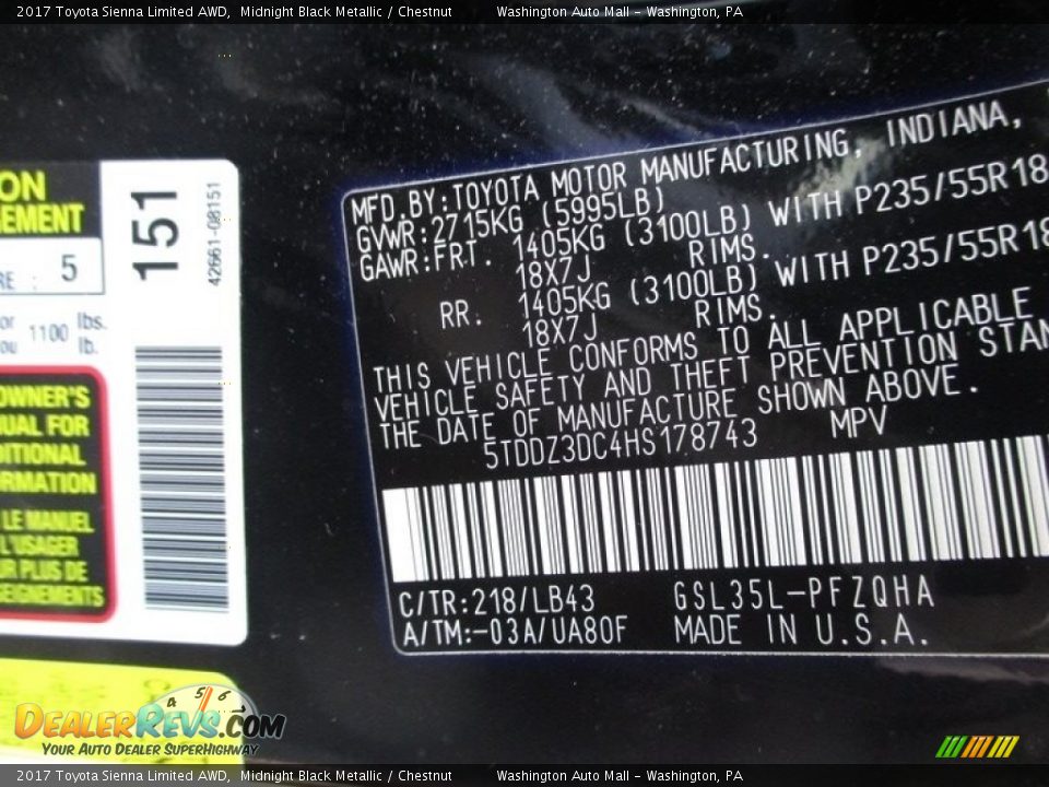 2017 Toyota Sienna Limited AWD Midnight Black Metallic / Chestnut Photo #29