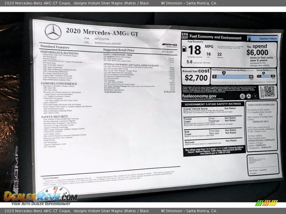 2020 Mercedes-Benz AMG GT Coupe Window Sticker Photo #10