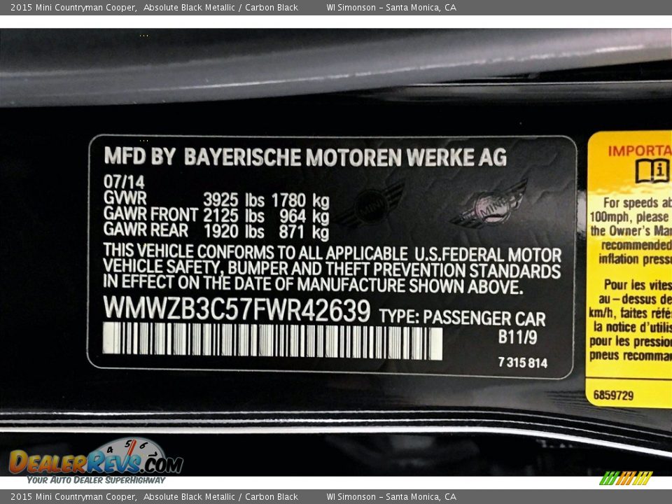 2015 Mini Countryman Cooper Absolute Black Metallic / Carbon Black Photo #24