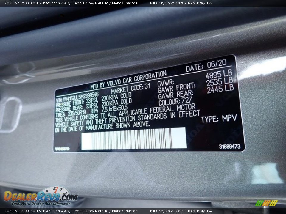 2021 Volvo XC40 T5 Inscription AWD Pebble Grey Metallic / Blond/Charcoal Photo #12