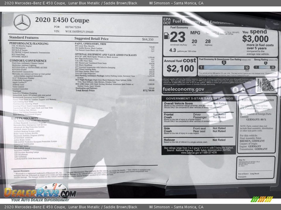 2020 Mercedes-Benz E 450 Coupe Window Sticker Photo #10