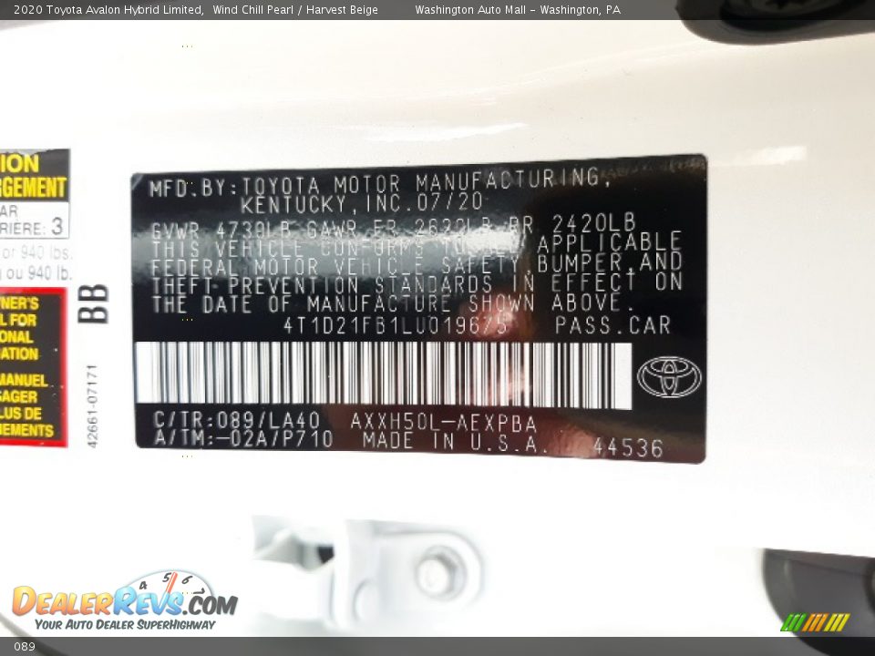 Toyota Color Code 089 Wind Chill Pearl