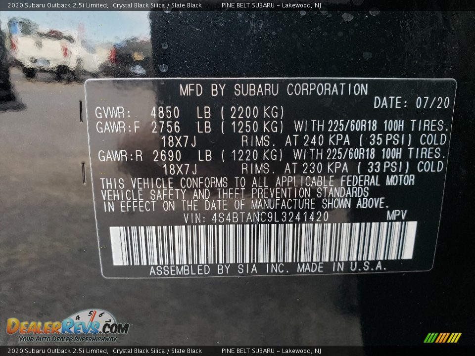2020 Subaru Outback 2.5i Limited Crystal Black Silica / Slate Black Photo #14