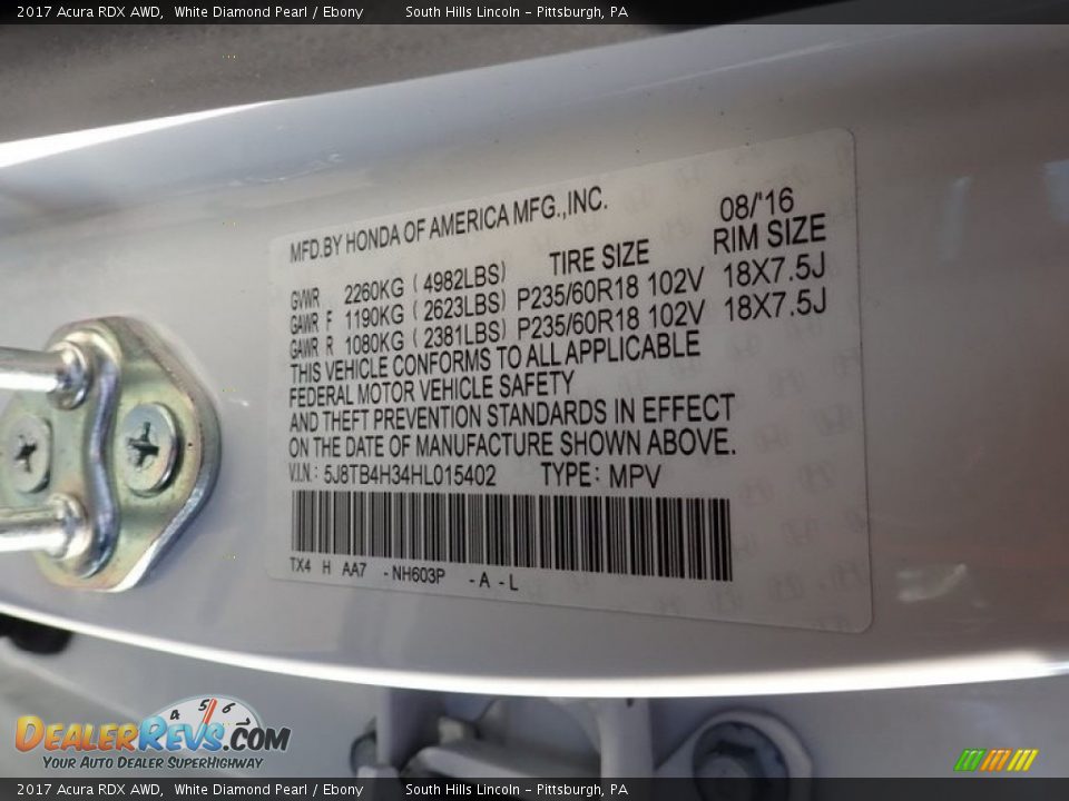 2017 Acura RDX AWD White Diamond Pearl / Ebony Photo #23