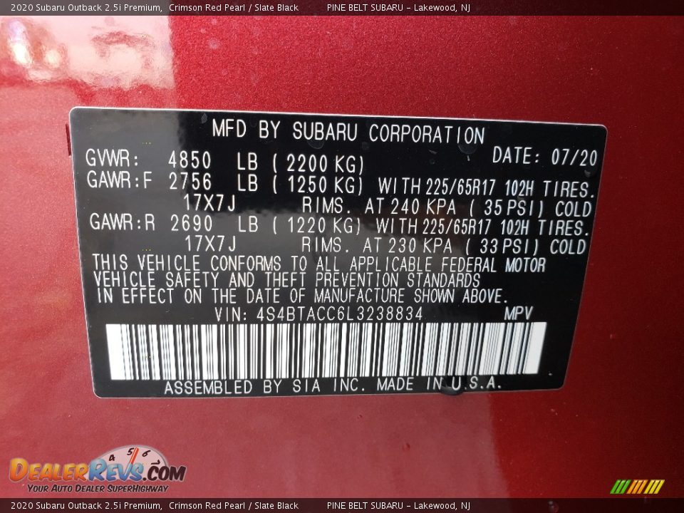 2020 Subaru Outback 2.5i Premium Crimson Red Pearl / Slate Black Photo #14