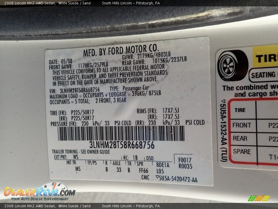 2008 Lincoln MKZ AWD Sedan White Suede / Sand Photo #24