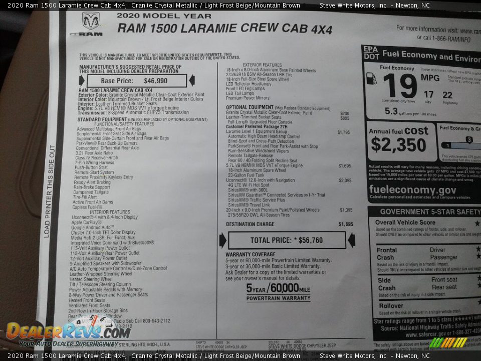 2020 Ram 1500 Laramie Crew Cab 4x4 Window Sticker Photo #32