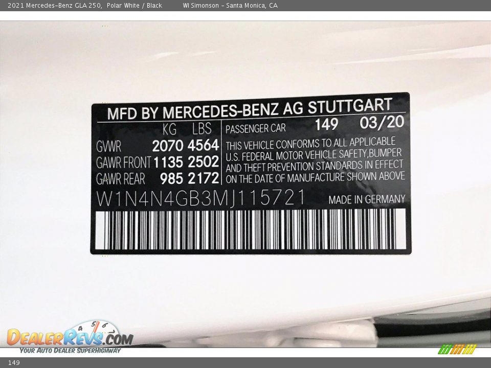 Mercedes-Benz Color Code 149 Polar White