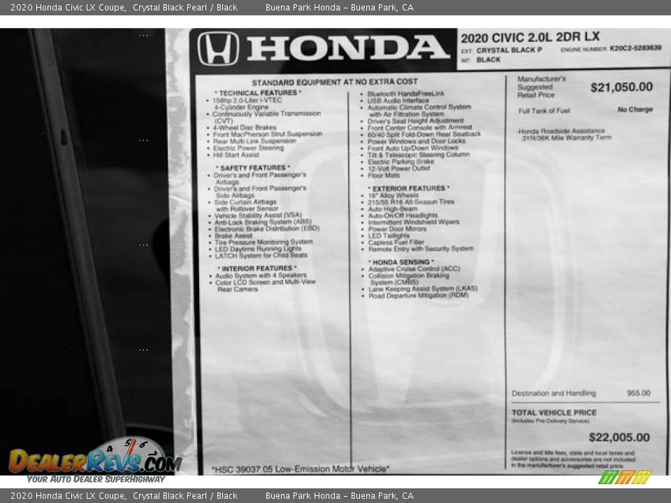 2020 Honda Civic LX Coupe Crystal Black Pearl / Black Photo #32