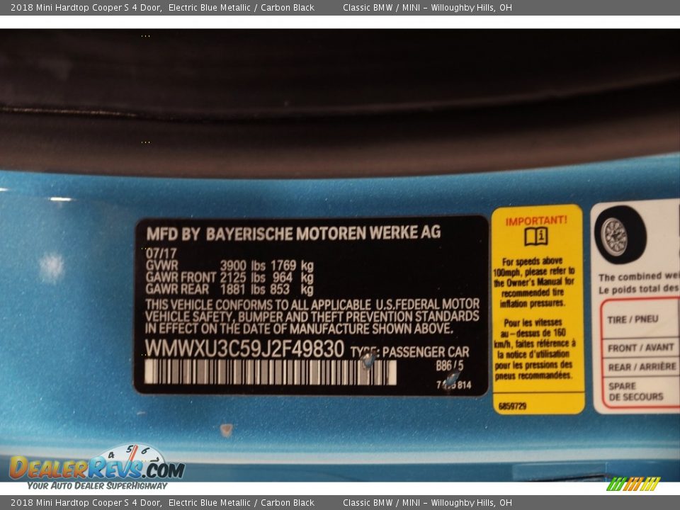 2018 Mini Hardtop Cooper S 4 Door Electric Blue Metallic / Carbon Black Photo #28