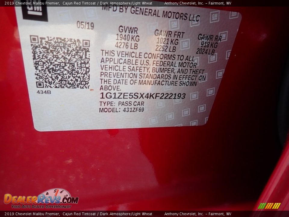 2019 Chevrolet Malibu Premier Cajun Red Tintcoat / Dark Atmosphere/Light Wheat Photo #15