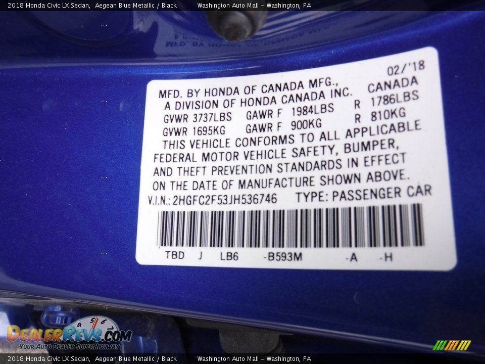 2018 Honda Civic LX Sedan Aegean Blue Metallic / Black Photo #24