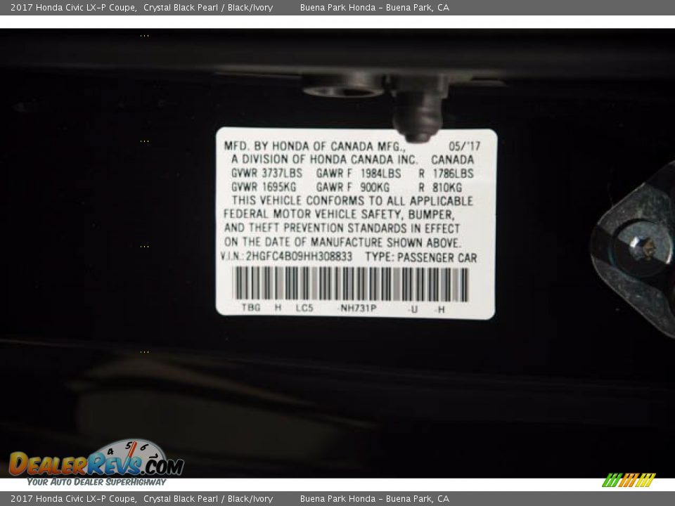 2017 Honda Civic LX-P Coupe Crystal Black Pearl / Black/Ivory Photo #35