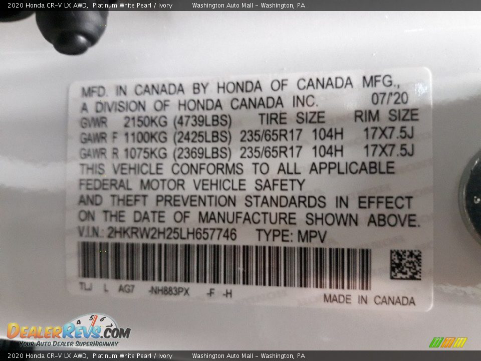 2020 Honda CR-V LX AWD Platinum White Pearl / Ivory Photo #36
