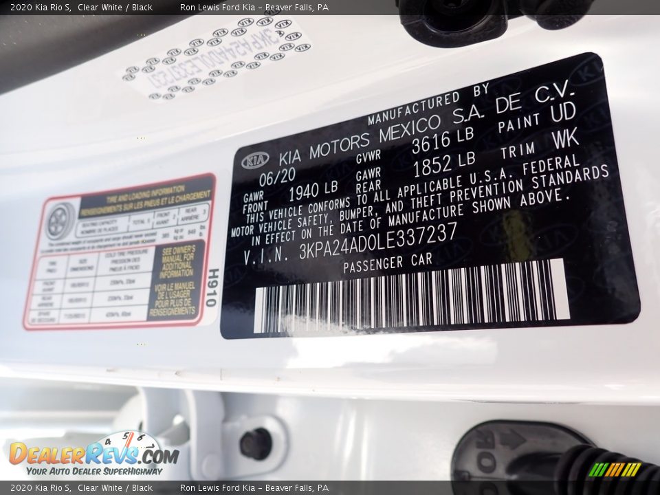 2020 Kia Rio S Clear White / Black Photo #14