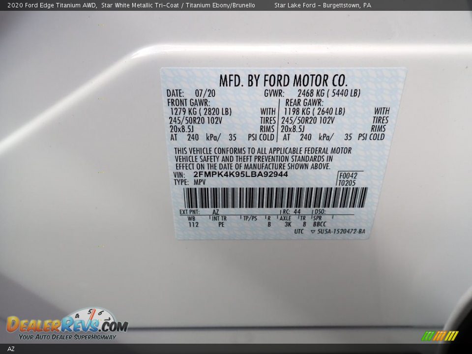 Ford Color Code AZ Star White Metallic Tri-Coat