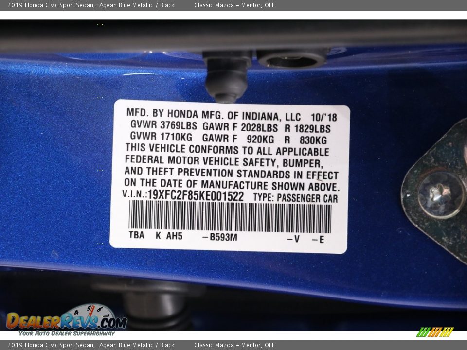 2019 Honda Civic Sport Sedan Agean Blue Metallic / Black Photo #23