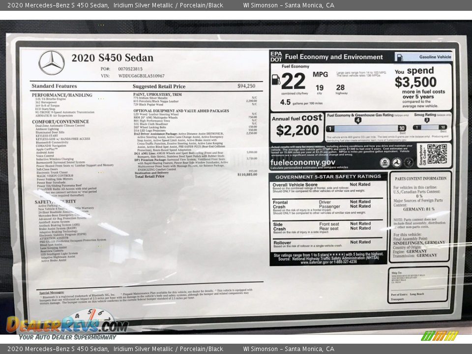 2020 Mercedes-Benz S 450 Sedan Iridium Silver Metallic / Porcelain/Black Photo #10