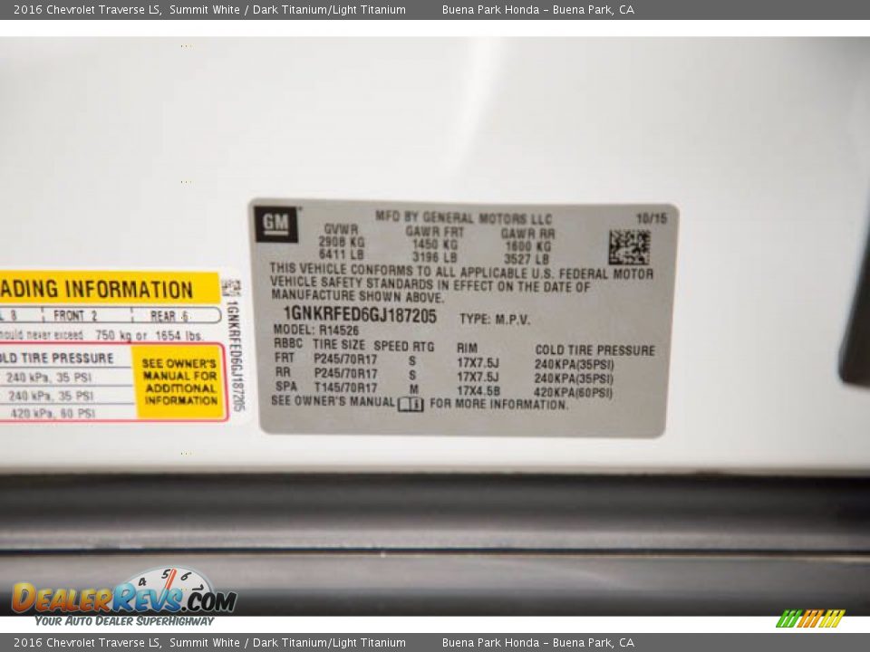 2016 Chevrolet Traverse LS Summit White / Dark Titanium/Light Titanium Photo #36