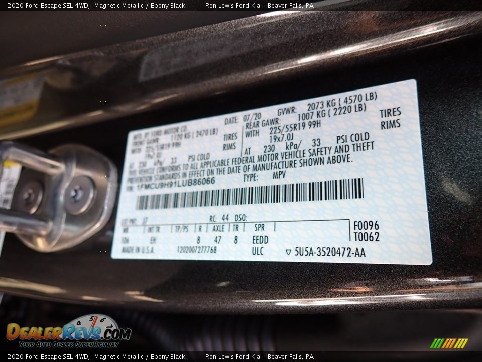 2020 Ford Escape SEL 4WD Magnetic Metallic / Ebony Black Photo #13