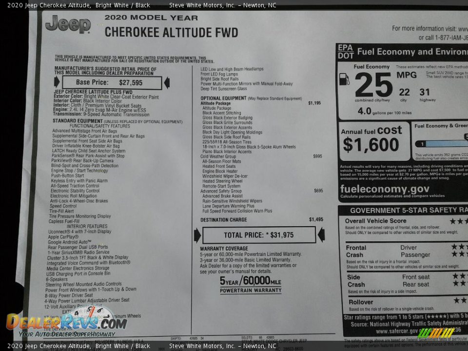 2020 Jeep Cherokee Altitude Bright White / Black Photo #30