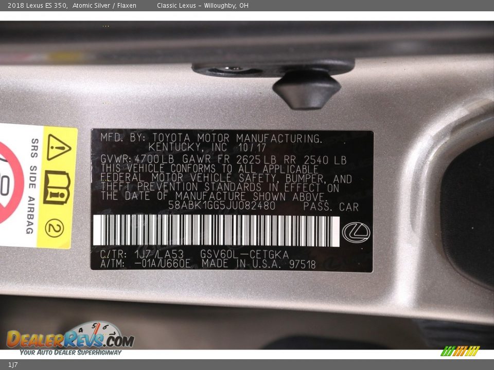 Lexus Color Code 1J7 Atomic Silver