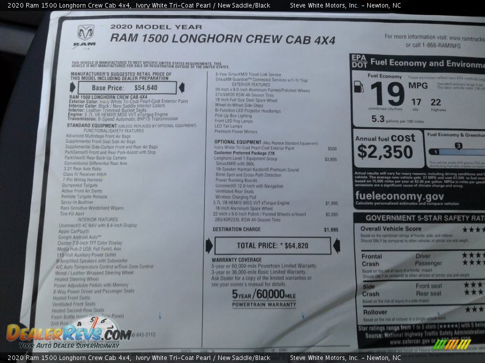2020 Ram 1500 Longhorn Crew Cab 4x4 Window Sticker Photo #33