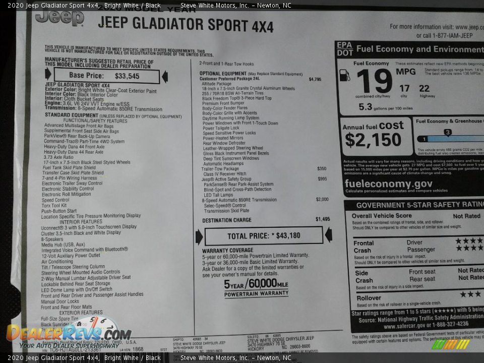 2020 Jeep Gladiator Sport 4x4 Bright White / Black Photo #25