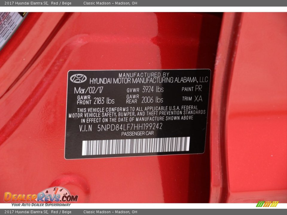 2017 Hyundai Elantra SE Red / Beige Photo #19