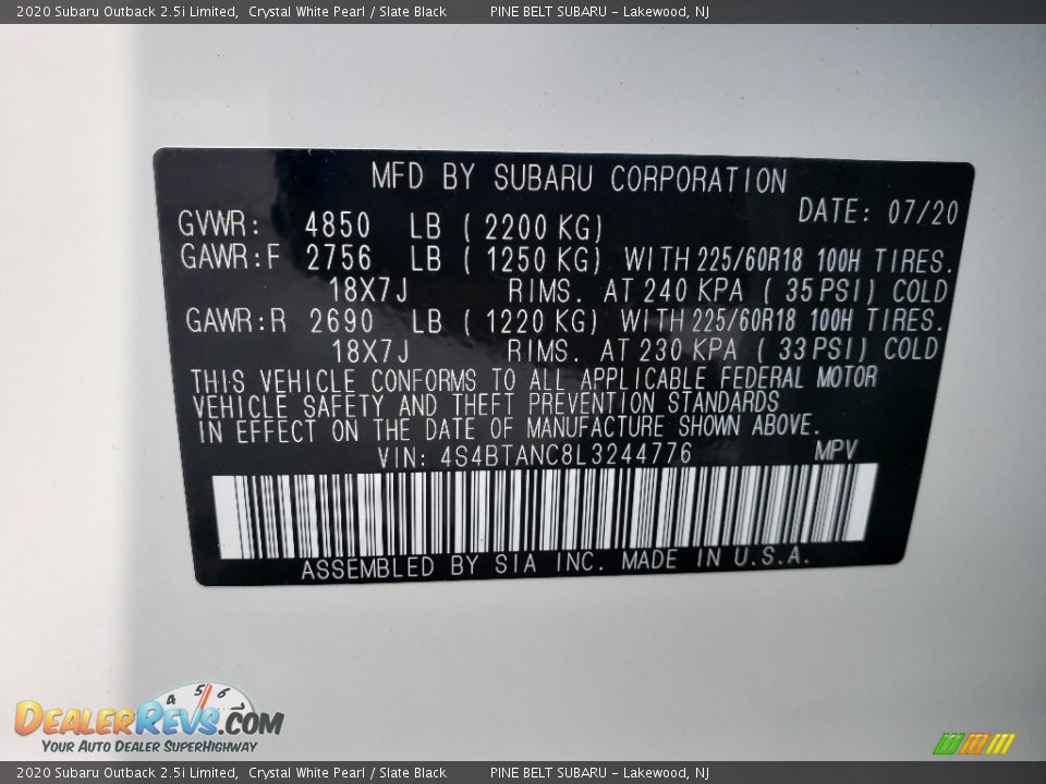 2020 Subaru Outback 2.5i Limited Crystal White Pearl / Slate Black Photo #14