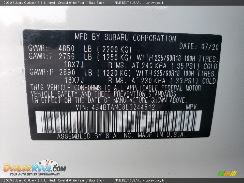 2020 Subaru Outback 2.5i Limited Crystal White Pearl / Slate Black Photo #14