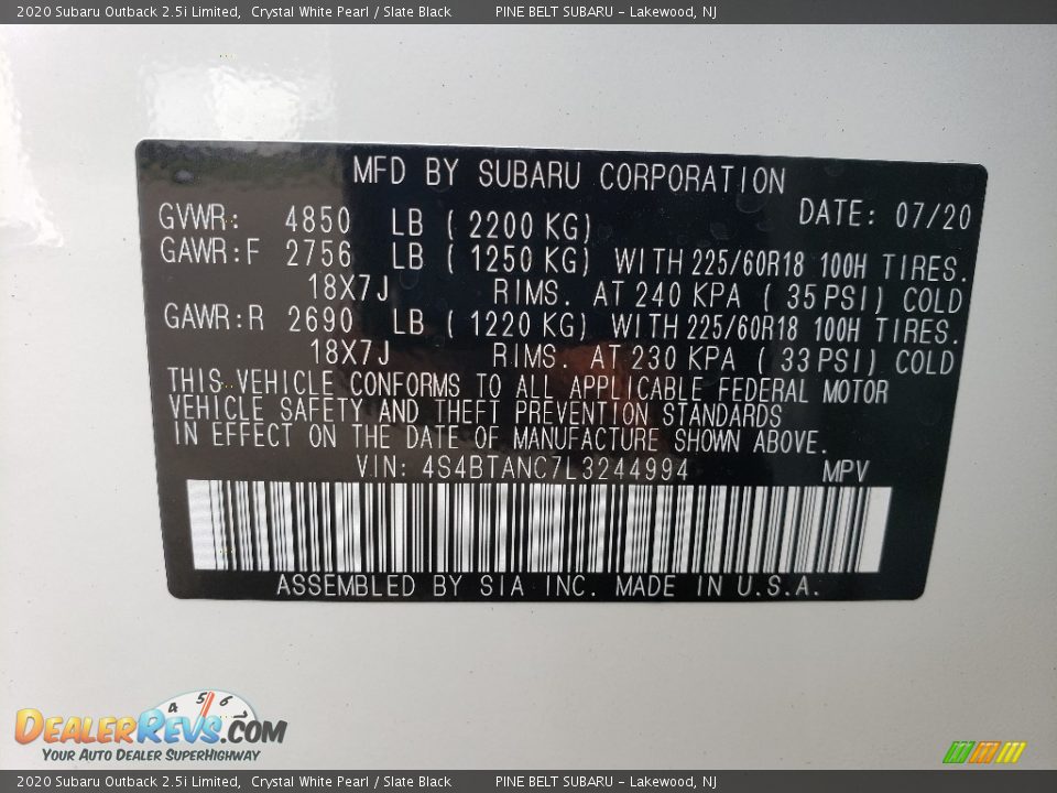 2020 Subaru Outback 2.5i Limited Crystal White Pearl / Slate Black Photo #14