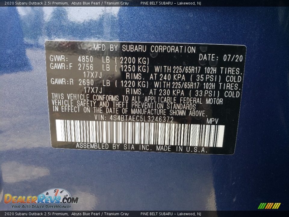 2020 Subaru Outback 2.5i Premium Abyss Blue Pearl / Titanium Gray Photo #14