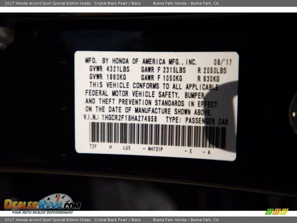 2017 Honda Accord Sport Special Edition Sedan Crystal Black Pearl / Black Photo #35