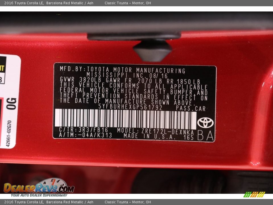 2016 Toyota Corolla LE Barcelona Red Metallic / Ash Photo #20