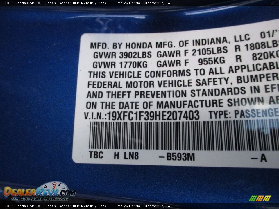 2017 Honda Civic EX-T Sedan Aegean Blue Metallic / Black Photo #19