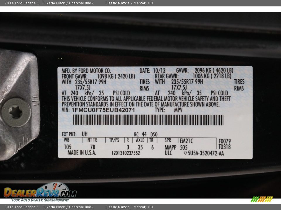 2014 Ford Escape S Tuxedo Black / Charcoal Black Photo #18