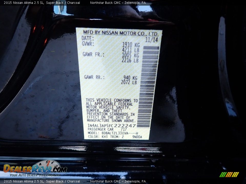 2015 Nissan Altima 2.5 SL Super Black / Charcoal Photo #14