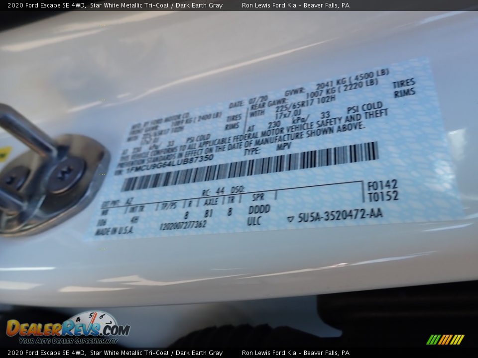 2020 Ford Escape SE 4WD Star White Metallic Tri-Coat / Dark Earth Gray Photo #15