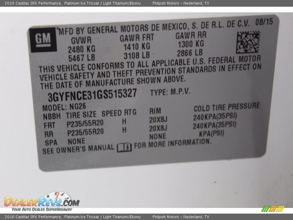 2016 Cadillac SRX Performance Platinum Ice Tricoat / Light Titanium/Ebony Photo #35