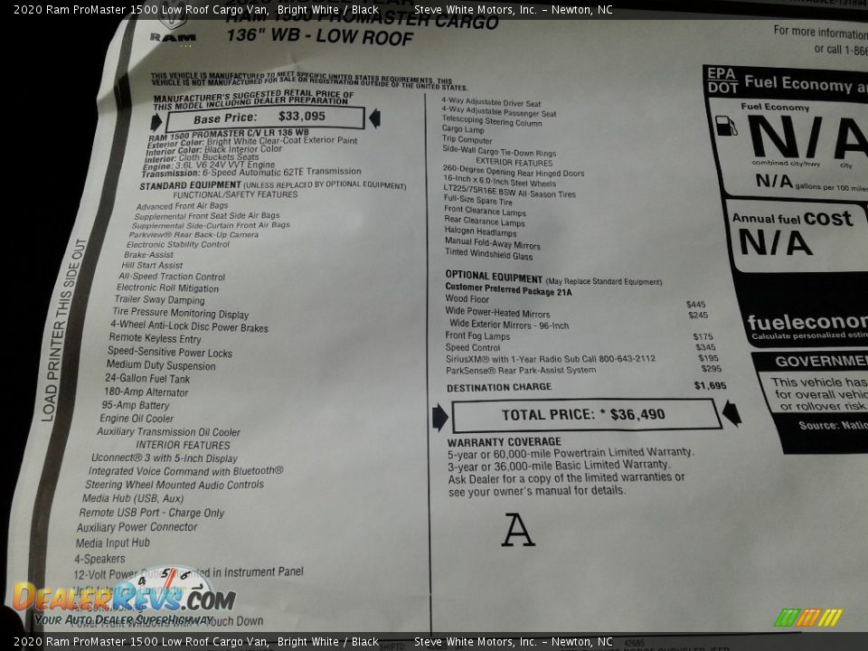 2020 Ram ProMaster 1500 Low Roof Cargo Van Bright White / Black Photo #25