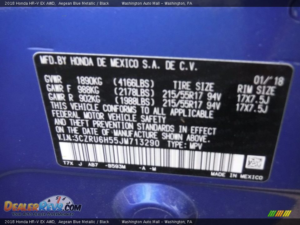 2018 Honda HR-V EX AWD Aegean Blue Metallic / Black Photo #32