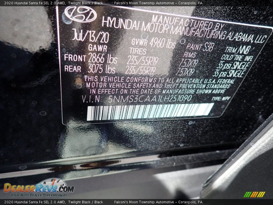 2020 Hyundai Santa Fe SEL 2.0 AWD Twilight Black / Black Photo #11