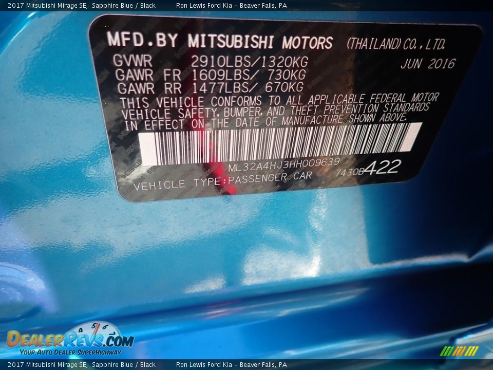 2017 Mitsubishi Mirage SE Sapphire Blue / Black Photo #15