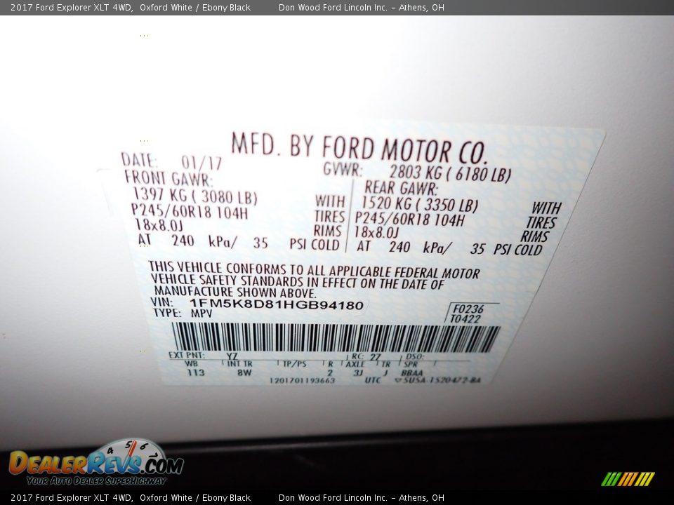 2017 Ford Explorer XLT 4WD Oxford White / Ebony Black Photo #34